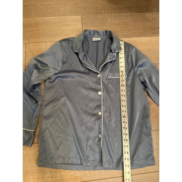 Luxury Blue Pajama Set With White Piping Button-Up Top & Drawstring Pants - Picture 6 of 7